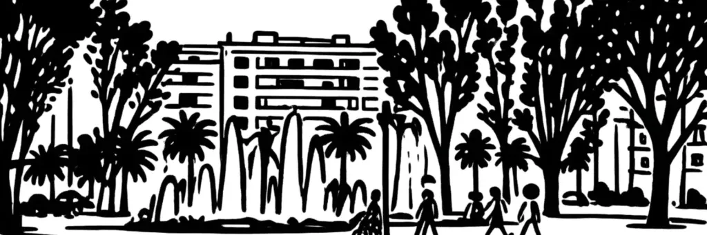Le quartier Les Platanes à Perpignan, l'avenue des Platanes et son alignement d'arbres, ses immeubles bourgeois, son cadre arboré au nord du centre, illustration au trait