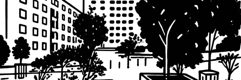 Le quartier Lunette à Perpignan, dans la partie centre-est de la ville, proche du centre historique, ses immeubles et son cadre résidentiel, illustration au trait