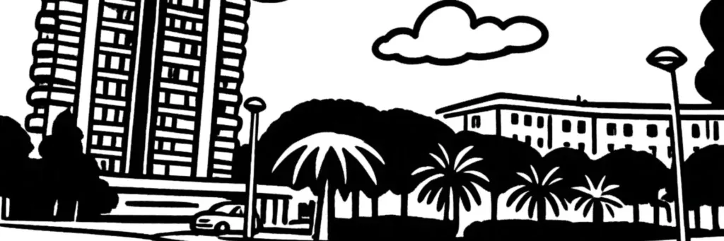 Le quartier Moulin à Vent à Perpignan, ville nouvelle des années 1960 au sud de la ville, ses grands ensembles, le campus universitaire voisin et ses équipements, illustration au trait