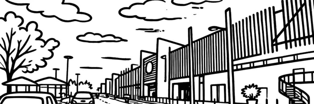 Le quartier Porte d'Espagne à Perpignan, l'entrée sud de la ville, le centre commercial Porte d'Espagne, l'axe routier vers Le Boulou et l'Espagne, ses immeubles et zones d'activité, illustration au trait