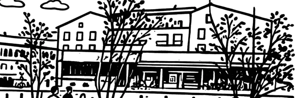 Le quartier Saint-Assiscle à Perpignan, à l'ouest de la ville près de la gare et du Centre del Món, ses immeubles, ses bureaux et son cadre résidentiel, illustration au trait