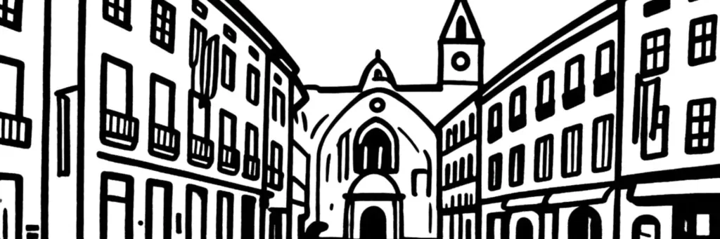Le quartier Saint-Martin à Perpignan, au nord du centre, ses immeubles, ses maisons et son cadre résidentiel proche de la Têt, illustration au trait