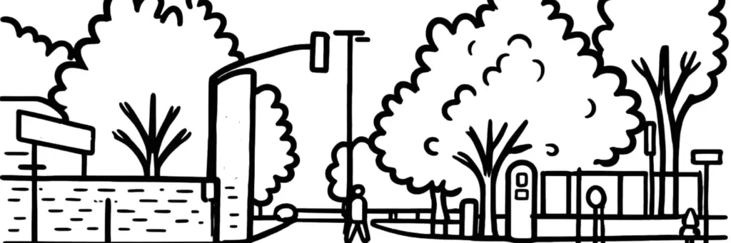 Le quartier Université à Perpignan, le campus de l'université Perpignan Via Domitia, le secteur du Moulin à Vent voisin, ses résidences étudiantes et ses logements, illustration au trait