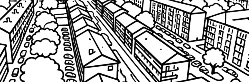 La rue du Barbâtre à Reims, les Hautes Promenades, les immeubles résidentiels entre le centre et la basilique Saint-Remi, illustration au trait