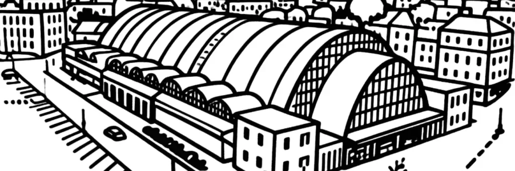 Les Halles du Boulingrin à Reims, l'hôtel de ville, le boulevard Lundy et la station de tramway Schneiter, illustration au trait