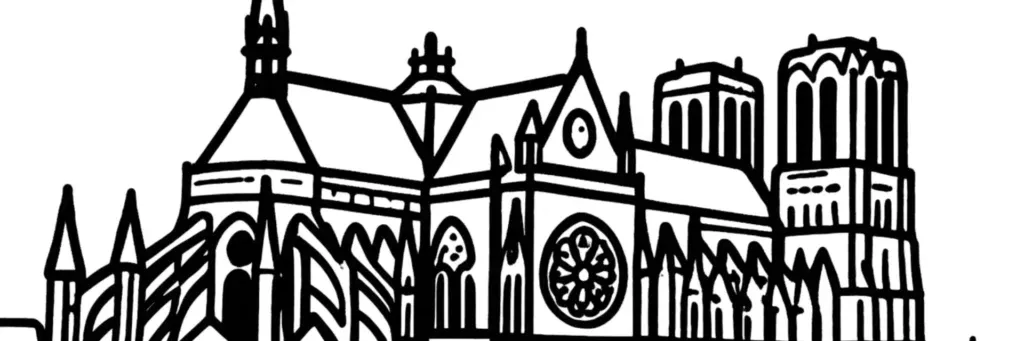 La cathédrale Notre-Dame de Reims, le palais du Tau, le parvis et les immeubles bourgeois du quartier de la cathédrale, illustration au trait