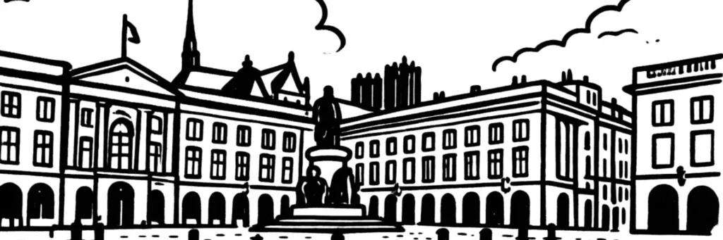 Le centre de Reims, la place Drouet d'Erlon, la fontaine Subé, les terrasses de café et les rues commerçantes, illustration au trait