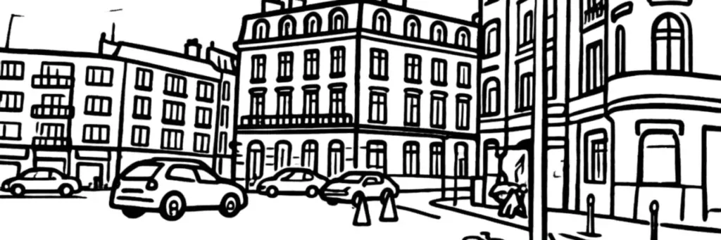 L'avenue de Cérès à Reims, la place du Forum, le cryptoportique gallo-romain et les immeubles du centre-est, illustration au trait