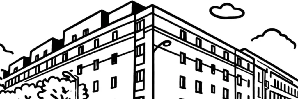 Le quartier Clairmarais à Reims, derrière la gare, les immeubles résidentiels et le parc de Champagne, illustration au trait
