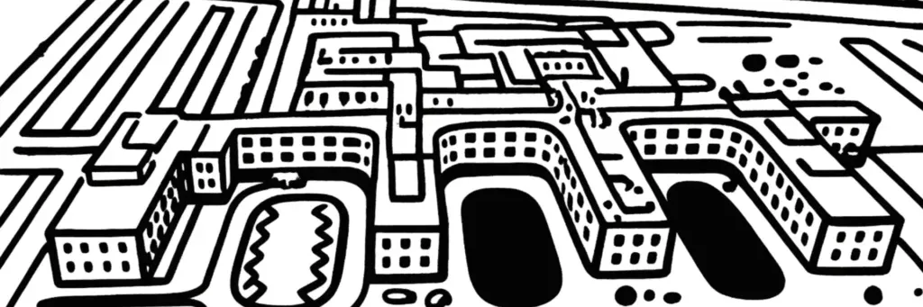 Le quartier Courlancy à Reims, les cliniques, les immeubles résidentiels et les avenues du sud de la ville, illustration au trait