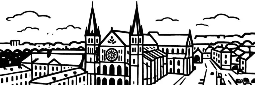 La basilique Saint-Remi de Reims, le musée Saint-Remi et les rues anciennes du quartier au sud de la ville, illustration au trait