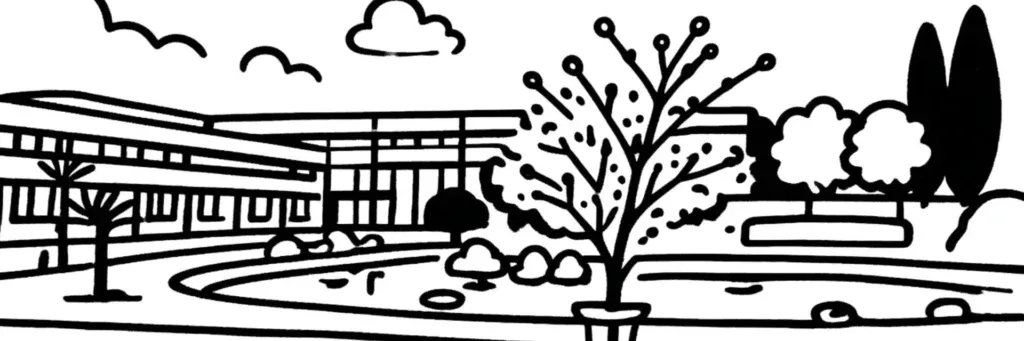 Le quartier Beaulieu à Rennes, le campus universitaire de Beaulieu, les Longs Champs et les résidences étudiantes, illustration au trait