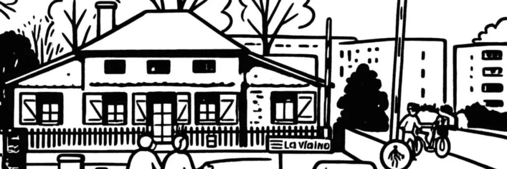 Le quartier Bourg-l'Évêque à Rennes, les bords de la Vilaine, la rue de Brest et le Roazhon Park, illustration au trait