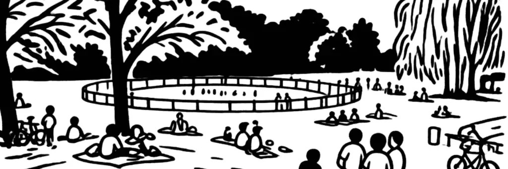 Le quartier Bréquigny à Rennes, le parc et la piscine de Bréquigny, les immeubles résidentiels au sud-ouest de la ville, illustration au trait