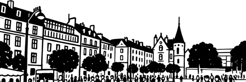 Le centre historique de Rennes, les maisons à pans de bois, la place des Lices, le Parlement de Bretagne et la place de la Mairie, illustration au trait
