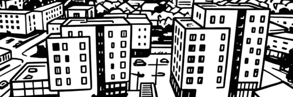 Le quartier Cleunay à Rennes, l'écoquartier de La Courrouze, le Roazhon Park et la station de métro Cleunay, illustration au trait