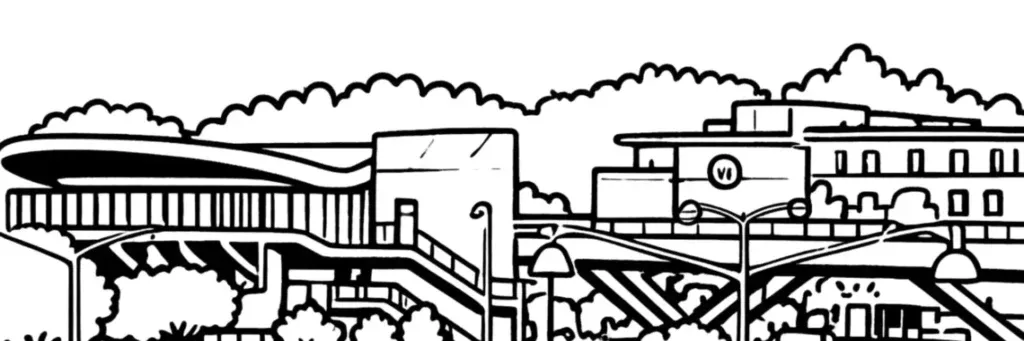 Le quartier de la Poterie à Rennes, le parc de la Poterie, les résidences et la station terminus de la ligne a du métro, illustration au trait