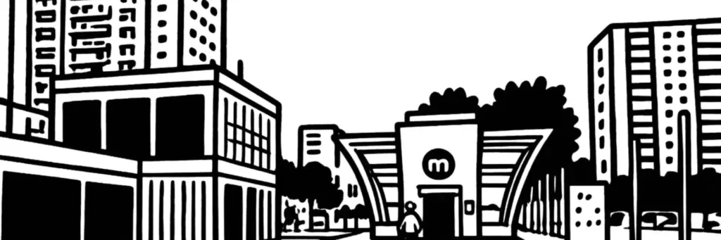 Le quartier du Blosne à Rennes, le parc des Hautes Ourmes, les grands ensembles en rénovation et la ligne a du métro, illustration au trait