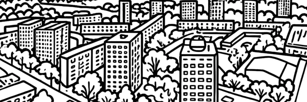 Le quartier Maurepas à Rennes, le parc des Gayeulles, les grands ensembles en rénovation et la station de métro Gros-Chêne, illustration au trait