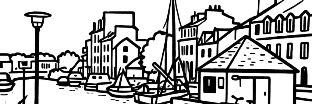 Le quartier Saint-Martin à Rennes, le canal d'Ille-et-Rance, les maisons de ville et les rues résidentielles au nord du centre, illustration au trait