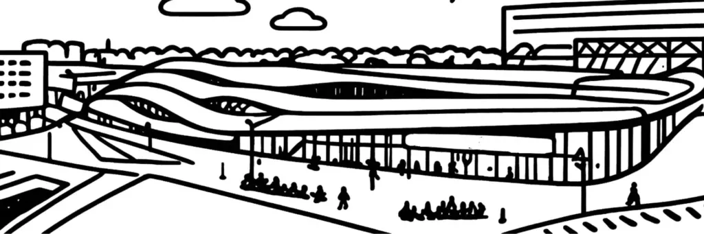 Le quartier Sud-Gare à Rennes, le nouveau quartier d'affaires EuroRennes, la gare et les immeubles contemporains, illustration au trait