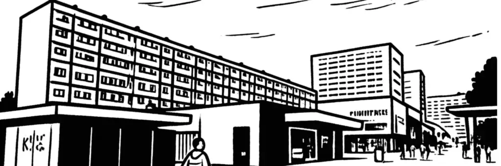 Le quartier Villejean à Rennes, l'université Rennes 2, le CHU de Pontchaillou et les résidences étudiantes, illustration au trait