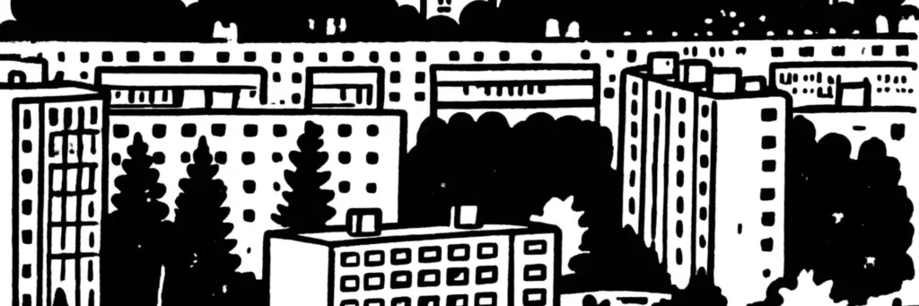 Le quartier Beaulieu à Saint-Étienne, les secteurs de Montchovet et de la Marandinière au sud-est, les immeubles résidentiels et leurs espaces verts, le Parc de l'Europe et la proximité du cours Fauriel, illustration au trait