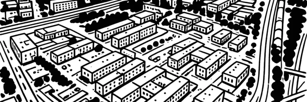 Le quartier Bellevue à Saint-Étienne, la place Bellevue et son marché au sud de la ville, le secteur de Solaure au terminus du tramway, les immeubles résidentiels et leurs espaces verts, illustration au trait