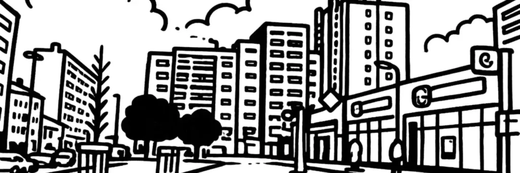 Le quartier Bergson à Saint-Étienne, la rue Bergson et la Cité du design dans l'ancienne Manufacture d'armes, le secteur Carnot et La Terrasse, l'hôpital Nord à proximité au nord-ouest de la ville, illustration au trait