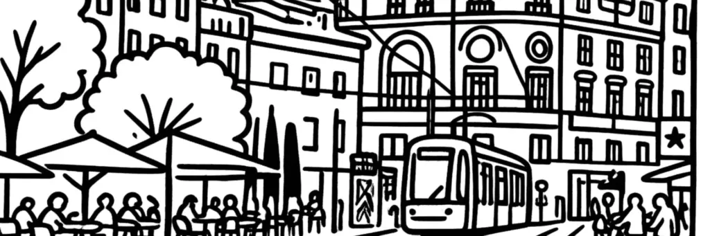 Le Centre-ville de Saint-Étienne, la place de l'Hôtel de Ville et sa façade, la place Jean Jaurès et la cathédrale Saint-Charles, la place du Peuple et les rues piétonnes des Martyrs de Vingré, illustration au trait