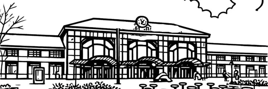 Le quartier Châteaucreux à Saint-Étienne, la gare TGV de Châteaucreux et son parvis, les immeubles de bureaux du quartier d'affaires, le secteur Monthieu et la tour Élithis à l'est de la ville, illustration au trait