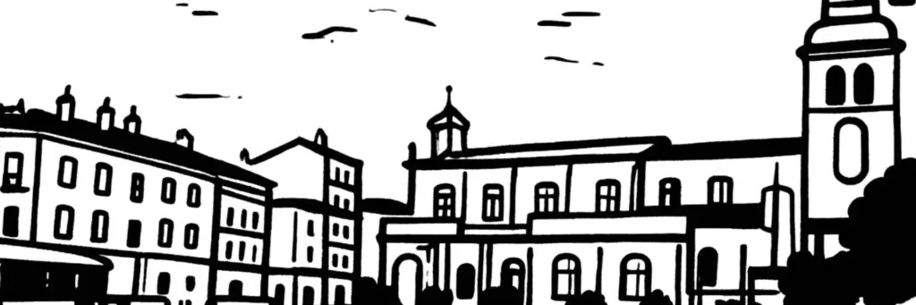Le quartier Chavanelle à Saint-Étienne, la place Chavanelle et ses halles, le quartier Saint-Roch et ses ruelles pavées, les abords de la Cité du design au centre-sud de la ville, illustration au trait