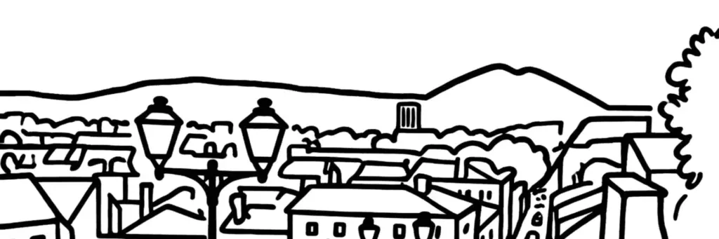 Le quartier Crêt de Roc à Saint-Étienne, la colline et ses ruelles pentues, les hautes maisons d'anciens passementiers, les vues sur la ville et la gare de Châteaucreux en contrebas, illustration au trait