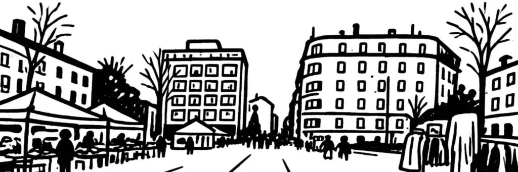 Le quartier Jacquard à Saint-Étienne, la place Jacquard et son marché, la préfecture de la Loire, la rue Élisée Reclus et les façades d'anciens ateliers de passementiers au centre de la ville, illustration au trait
