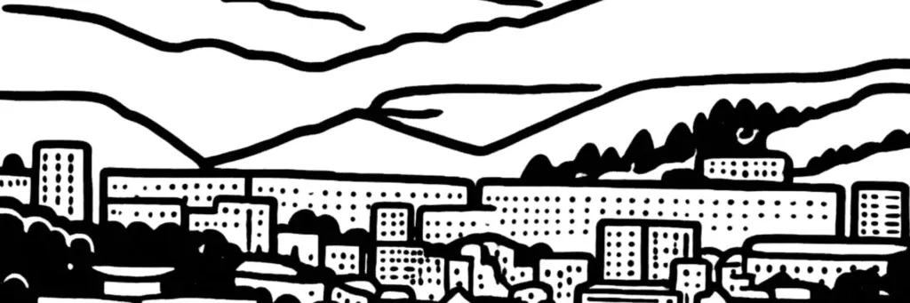 Le quartier de La Métare à Saint-Étienne, le plateau au sud-est de la ville et le campus universitaire de sciences de la Métare, le Parc de l'Europe boisé et les immeubles et pavillons résidentiels, illustration au trait