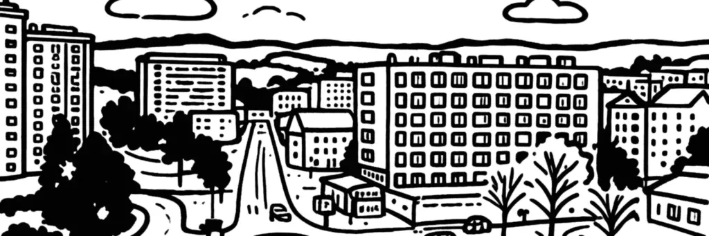 Le quartier Montplaisir à Saint-Étienne, le secteur résidentiel de la Richelandière à l'est de la ville, les petites maisons et immeubles à taille humaine, les squares et jardins de proximité, illustration au trait