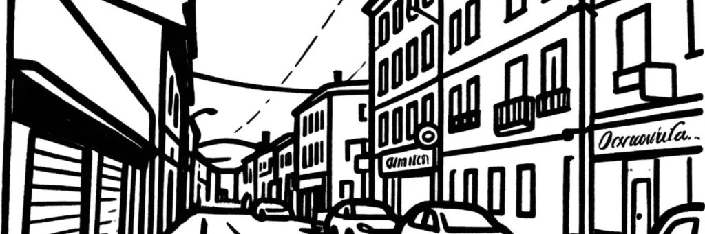 Le quartier Tardy à Saint-Étienne, le secteur résidentiel de la Colline des Pères à l'est de la ville, les anciennes usines textiles reconverties, les fresques de street art et la proximité du campus universitaire, illustration au trait