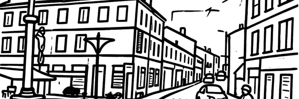 Le quartier Valbenoîte à Saint-Étienne, l'église Notre-Dame de Valbenoîte et les traces de l'ancienne abbaye, le secteur de La Rivière le long du Furan au sud de la ville, le bâti de l'ancien faubourg industriel, illustration au trait