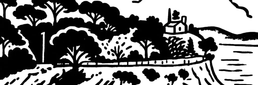 Le Fort du Cap Brun, le sentier du littoral, les anses de Méjean et de Magaud et les villas avec vue mer à l'est de Toulon, illustration au trait