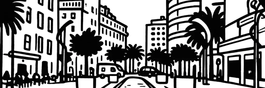 Le port de Toulon et le quai Cronstadt, l'opéra, la cathédrale Sainte-Marie-de-la-Seds et le marché du cours Lafayette au centre-ville, illustration au trait