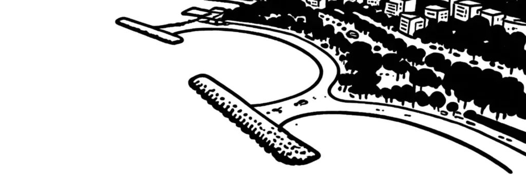 Les plages du Mourillon, le port Saint-Louis, le Fort Saint-Louis et la rade de Toulon, illustration au trait