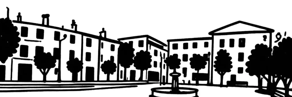 L'avenue commerçante de Saint-Jean du Var, la place du Champ de Mars et la Porte d'Italie à l'est de Toulon, illustration au trait