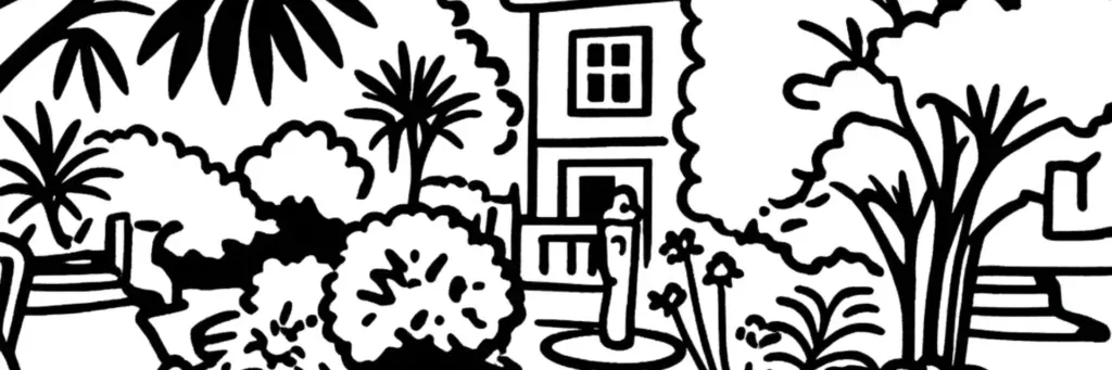 Le quartier de Vert Coteau, ses rues résidentielles sur les pentes est du Mont Faron et ses vues sur la rade de Toulon, illustration au trait