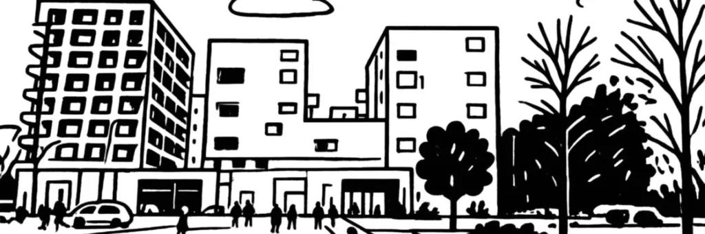 L'écoquartier de Borderouge, le parc de la Maourine et les Jardins du Muséum au nord de Toulouse, illustration au trait