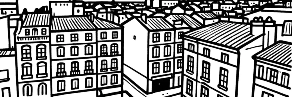 La place des Carmes, ses hôtels particuliers et la rue des Filatiers dans le quartier médiéval de Toulouse, illustration au trait