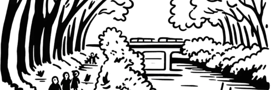 Le quartier d'affaires Compans-Caffarelli, son jardin japonais et les berges de la Garonne au nord-ouest du centre de Toulouse, illustration au trait