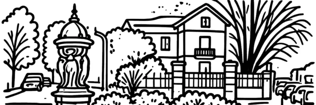 Les maisons toulousaines et les rues résidentielles arborées du quartier de la Côte Pavée, à l'est de Toulouse, illustration au trait