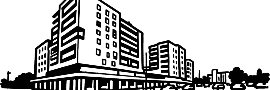 Le quartier d'Empalot en bord de Garonne, ses immeubles rénovés et le métro, au sud de Toulouse, illustration au trait