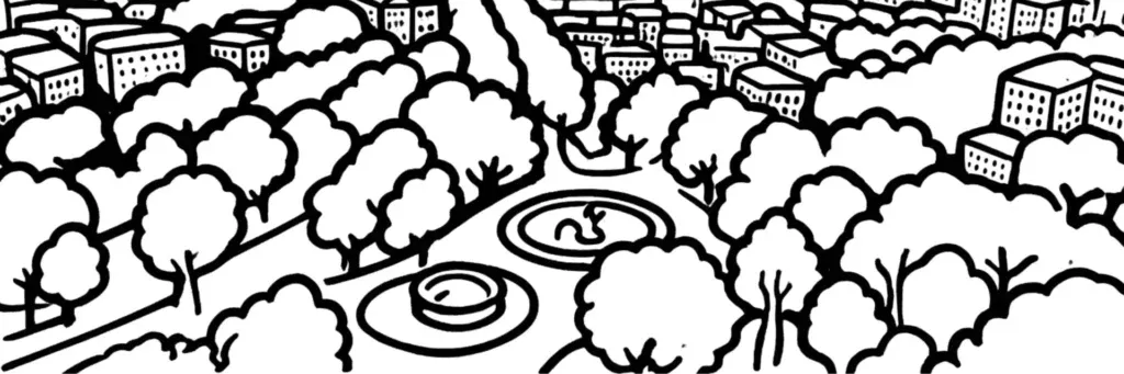 Le marché de la Roseraie, le parc des Argoulets et les rues résidentielles de l'est toulousain, illustration au trait