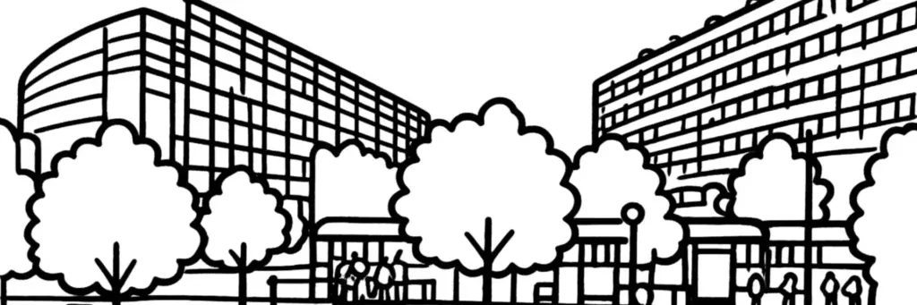 Le pôle multimodal des Arènes et le quartier résidentiel de Fontaine-Lestang à l'ouest de Toulouse, illustration au trait